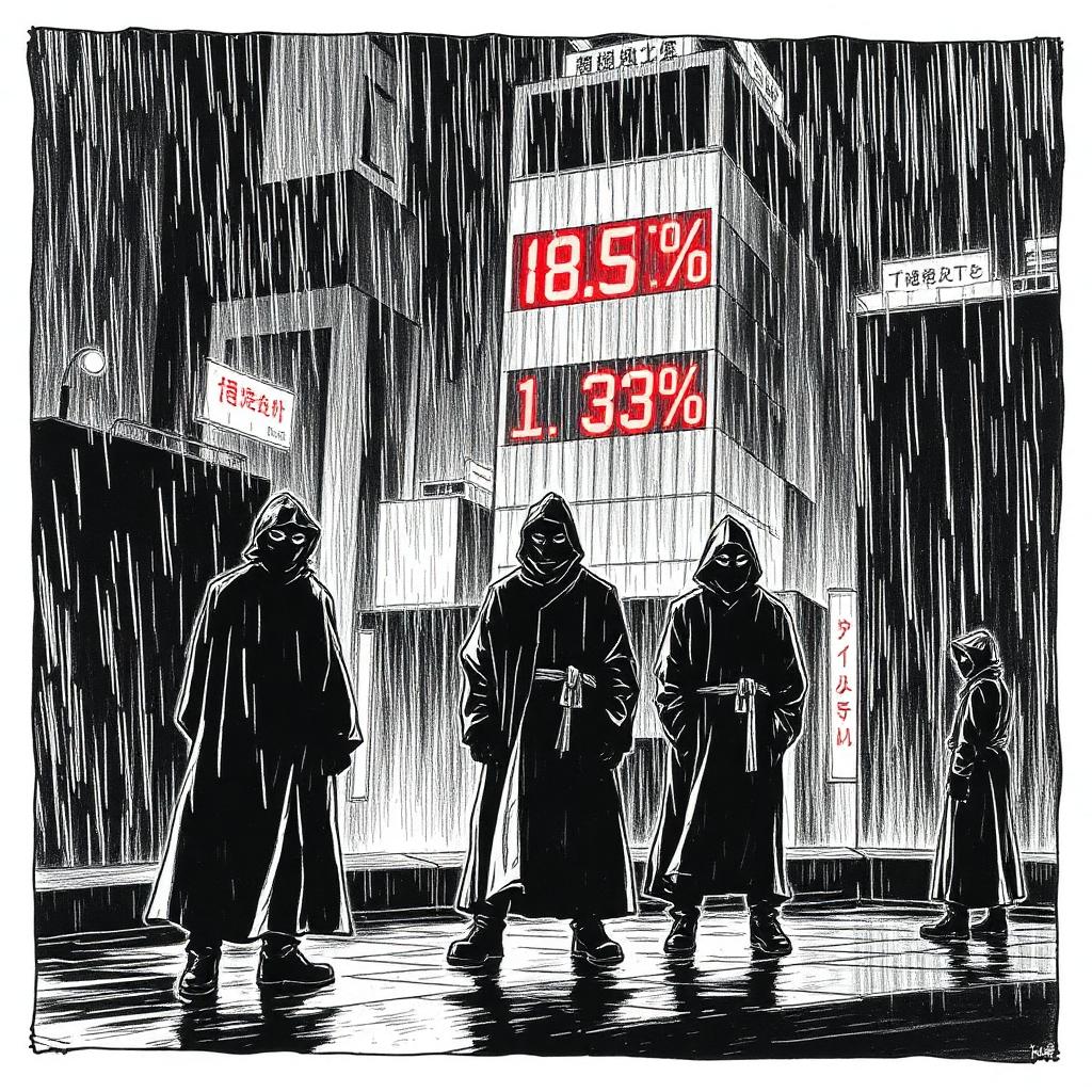 Gece yağmuru. Gökdelenin yüzündeki dev ekranda Kokuyō endeksi ▼-18,73%. Çatıda dört maskeli siluet.