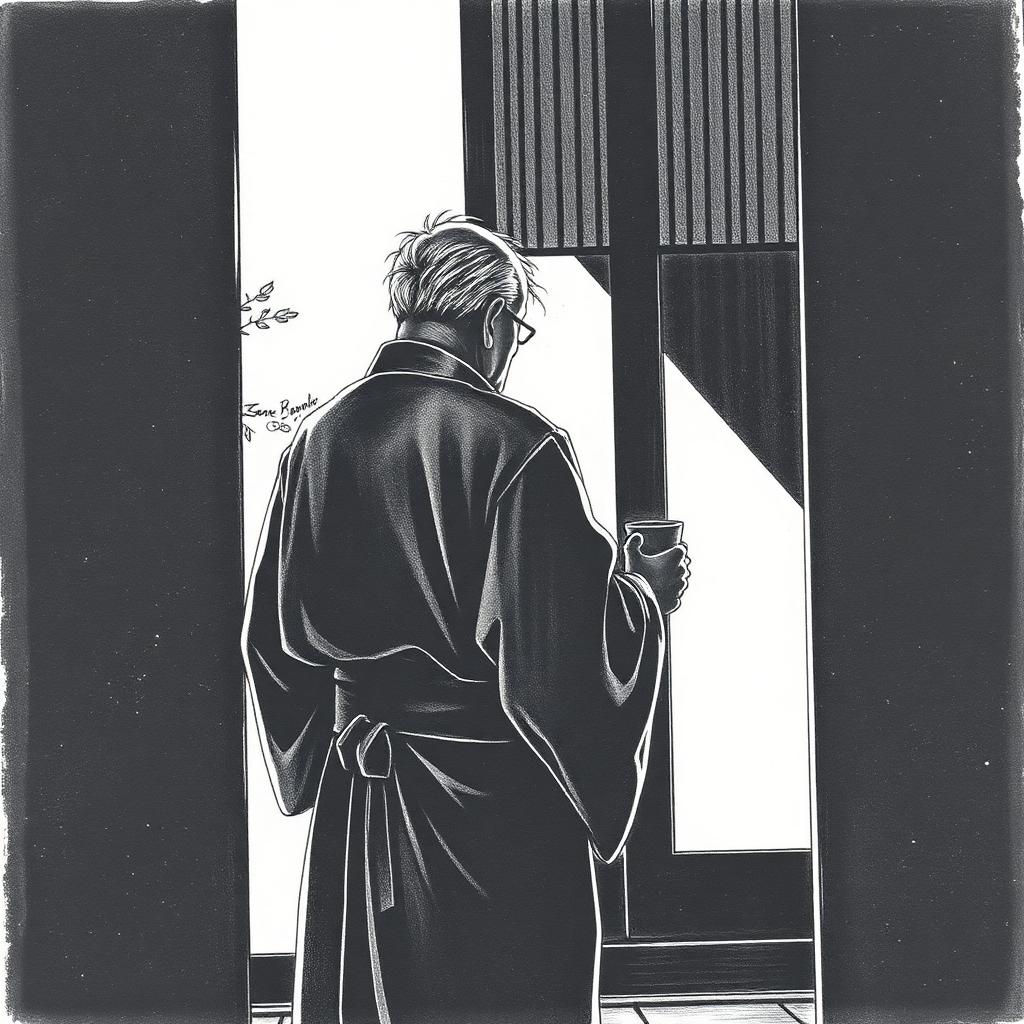 Sensei Honma kapıda, sırtı dönük, elinde bir bardak çay.