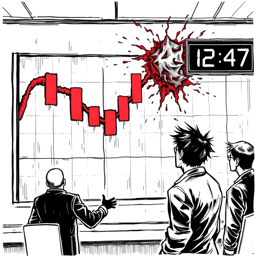 12:47. Grafik ilk kez ters dönüyor; büyük bir kırmızı mum. Ekran duvarında sayılar kırmızıya kayıyor.