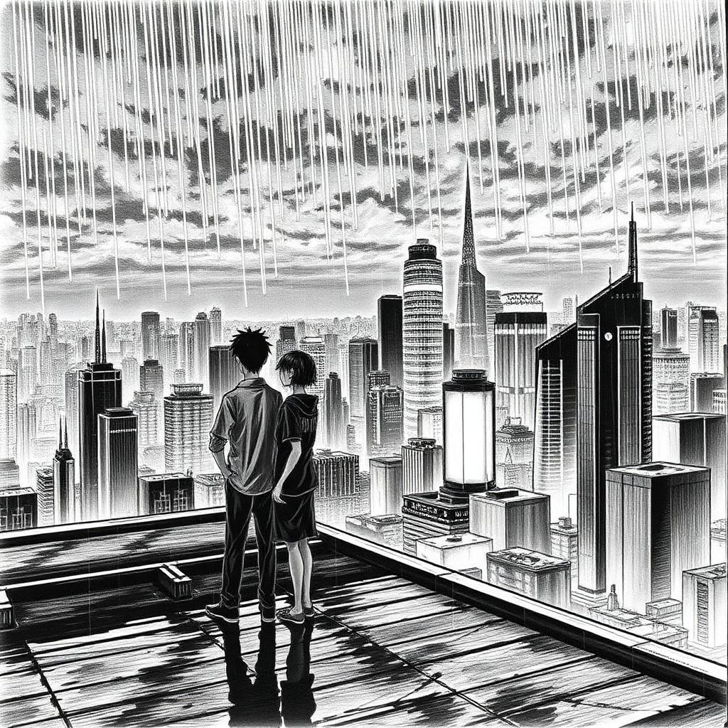 Yağmur dinmiş. Ryō ve Aiko binaların üstündeki ıslak çatıda Tokyo'nun ışıklarına bakıyor. Şehir sessiz.