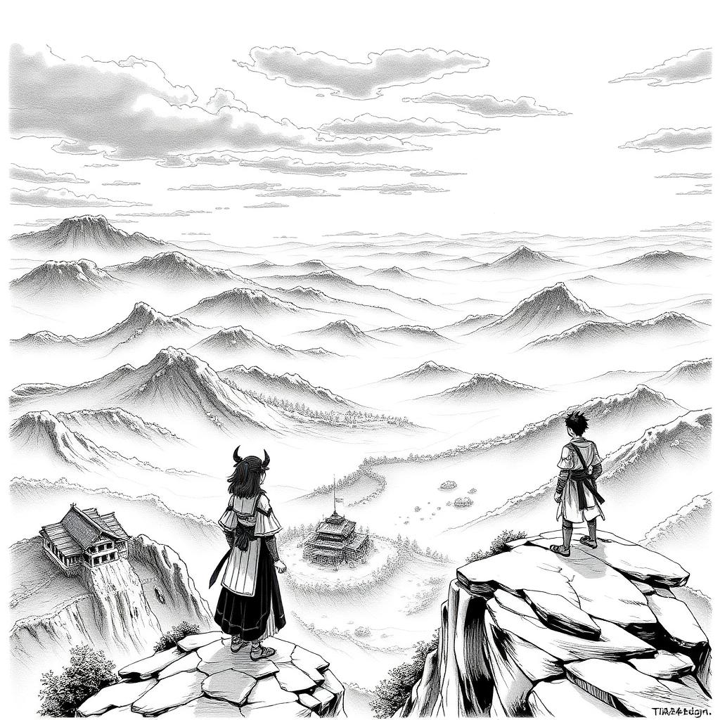 Kirishima Ryō'yu tepenin kenarına götürüyor; aşağıda beş köy sabahın buğusunda parlıyor.